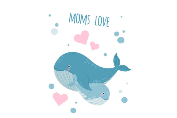 Mom Love Card with Cute Whale Baby and M Graphics