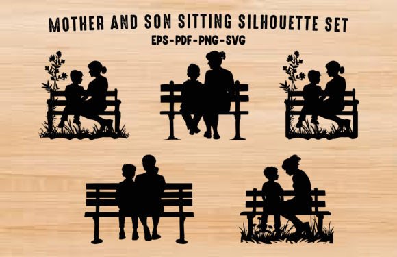 Mother Son Sitting on Bench Silhouette Graphics and Illustrations